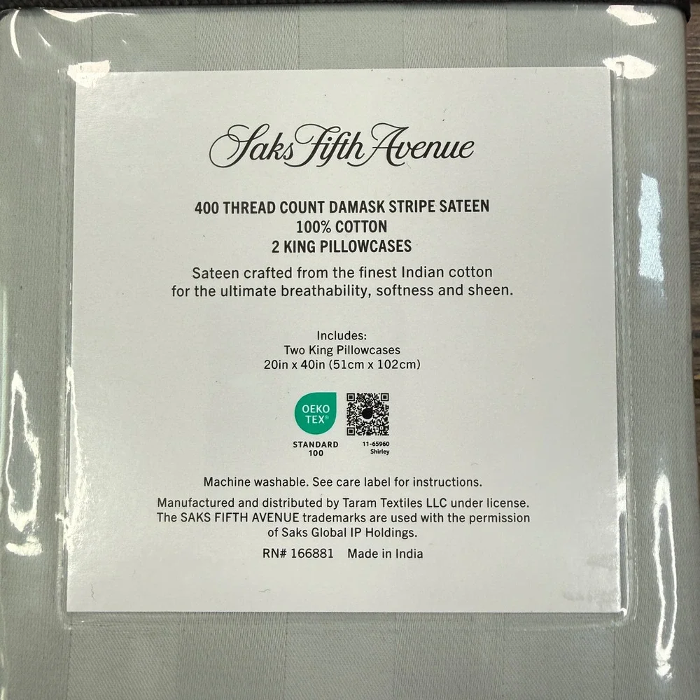 Saks Fifth Avenue King Pillowcase‎ 2 Pack Gray Damask Stripe Sateen Cotton NEW